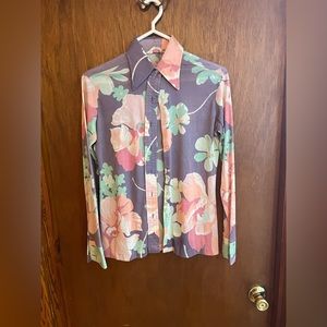 Elle’s Belles Vintage Style Blouse 70’s Style Size Small 7/8 Pink Purple Green